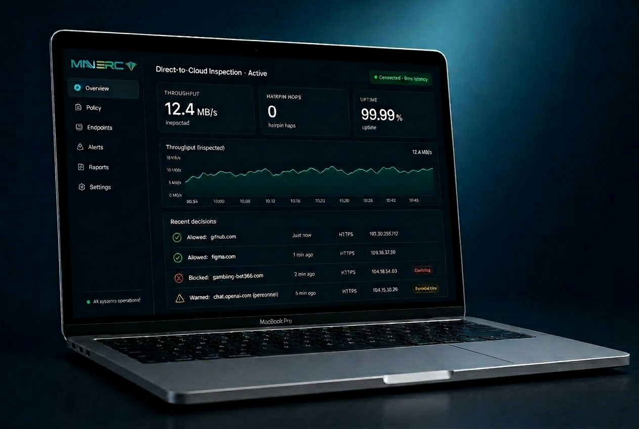 Maverc on-device Secure Web Gateway console showing direct-to-web traffic across a global map